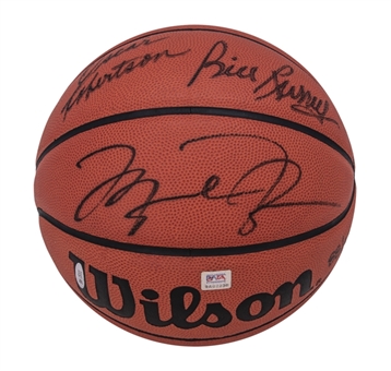 2001 UDA Legends of Basketball Multi-Signed Basketball With 5 Signatures Including Jordan, Russell, Bird, Robertson and Johnson - LE 088/100 (UDA)